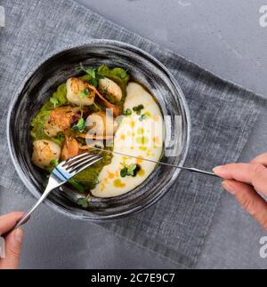 Frauenhände halten Löffel und Gabel. Jakobsmuscheln mit matschigen Erbsen und Beurre Blanc Sauce in der Grauen Tonplatte auf einer grauen Tischdecke Stockfoto