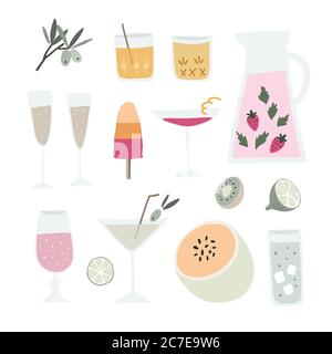 Sammlung von handgezeichneten alkoholischen Getränken, Cocktails und Obst. Sommerurlaub, Strandparty und Feier. Isoliertes Vektorobjekt, Symbole. Flach Stock Vektor