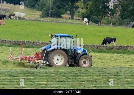 Silage-Tedding auf einer Yorkshire Farm in England. Stockfoto