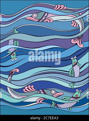 Fische im Meer Cartoon handgezeichnete Illustration. Stock Vektor