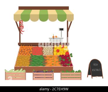 Tablett mit Gemüse auf dem Markt. Arbeitsplatz des Marktverkäufers. Es gibt Schuppen und Waren: Gurken, Zwiebeln, Karotten, Auberginen, Zucchini, Perren Stock Vektor