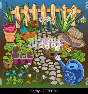 Gartenarbeit handgezeichnete Vektor-Doodles Illustration Stock Vektor