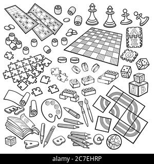 Cartoon Kritzeleien handgezeichnete Kinder Spielzeug Objekte gesetzt. Stock Vektor