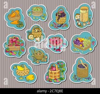 Lustige handgezogene Beeren, Obst, Gemüse in Körben Stock Vektor