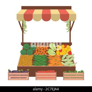 Tablett mit Gemüse auf dem Markt. Arbeitsplatz des Marktverkäufers. Es gibt Schuppen und Waren: Gurken, Zwiebeln, Karotten, Auberginen, Zucchini, Perren Stock Vektor