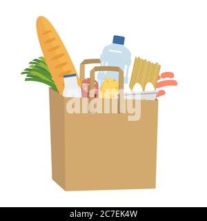 Einkaufstasche voll mit Speisen und Getränken. Konzept Für Die Lebensmittelzustellung. Es gibt Brot, eine Flasche Milch, Wasser, Wurst, Käse, Spaghetti, Eier usw. Stock Vektor