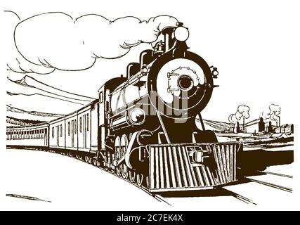 Klassische Dampflokomotive aus dem frühen 20. Jahrhundert, die mehrere Eisenbahnwaggons durch eine Landschaft zieht Stock Vektor