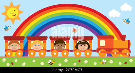 Kinder glücklich im Zug auf der Natur mit Smiley Sonne, ein Regenbogen, Bienen und niedlichen Schmetterlingen. Stockfoto