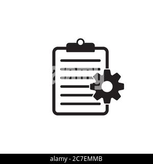 Zwischenablage mit Symbol für Zahnradtrennungen. Symbol für die Checkliste für den technischen Support. Management Flat Icon Konzept. Softwareentwicklung. Stock Vektor
