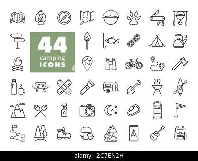 Camping, Wandern, Natur und Outdoor-Aktivitäten Icons Set. Graph Symbol für Reise-und Tourismus-Website und Apps Design, Logo, App, UI Stock Vektor