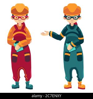 Arbeiterinnen auf weißem, isoliertem Hintergrund. Weibliche Ingenieur Aufkleber Set für Finanz- oder Web-News-Website, Business-Poster, Info-Karte. T-Shirt oder Hoody pri Stock Vektor