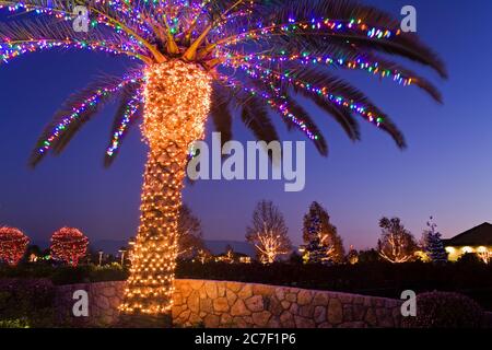 Weihnachtsbeleuchtung in der South Coast Winery, Temecula Valley Wine Country, Südkalifornien, USA Stockfoto