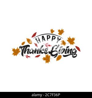 Happy Thanksgiving Kalligraphie Text mit illustrierten grünen Blättern auf weißem Hintergrund, Vektor-Typografie.EPS 10 Stock Vektor