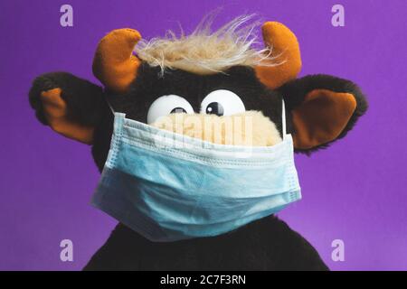 Lustiges Plüschspielzeug in einer blauen Schutzmaske Stockfoto