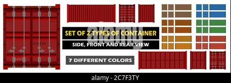 Frachtcontainer. Vektor. Setzen. Logistik-Liefercontainer. Isoliertes Objekt. Rot, blau, gelb, grün, braun. Rücken, vorne und seitlich. Lieferung Stock Vektor
