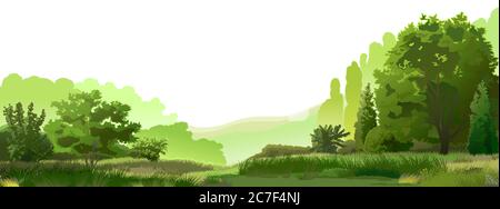 Helle blassgrüne Landschaft. Horizontale Zusammensetzung. Waldrand, Wiese, dicke Klumpen von üppigen Frühling, Sommerrasen. Morgen, der Anfang Stock Vektor