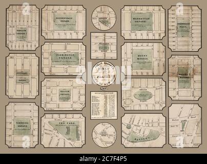 'Öffentliche Plätze, Parks und Orte in der Stadt New York' ist eine sehr detaillierte Karte, die 1852 erstellt wurde und viele Wahrzeichen der öffentlichen Plätze des 19. Jahrhunderts zeigt. NYC: Die vielen Details machen es zu einem wertvollen historischen Bezug. Stockfoto