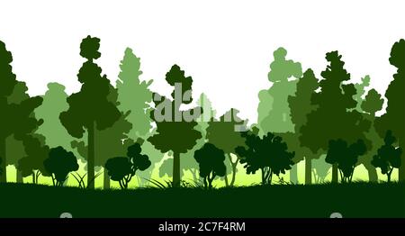 Wald Bäume isoliert Silhouette Vektor. Unterer Hintergrund. Grüne Laub- und Nadelpflanzen, saftiges Gras. Landschaft, Panorama ohne Himmel Stock Vektor