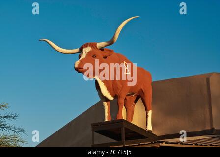 Texas Longhorn Skulptur im Geschäft in der Frontier Street in Wickenburg, Arizona, USA Stockfoto