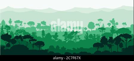 Berglandschaft mit Wald und Horizont. Entfernte Berge und Dschungel. Silhouettenbäume. Stock Vektor
