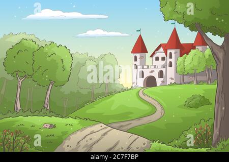 Schloss im Wald. Handgezeichnete Vektorgrafik mit separaten Ebenen. Stock Vektor