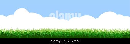 Grasfeld und blauer Himmel Weiße Wolken. Vektor isoliert. Hintergrund. Grün dicht saftig Rasen Gras. Frühling Sommer. Isoliert. Grasland Landschaft. Wiese Stock Vektor