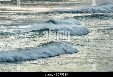 Starker Wellengang, Wellen brechen sich am Meer, Sandfly Bay, Dunedin, Otago Region, Otago Peninsula, Southland, Neuseeland Stockfoto