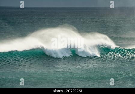 Starker Wellengang, Wellen brechen sich am Meer, Sandfly Bay, Dunedin, Otago Region, Otago Peninsula, Southland, Neuseeland Stockfoto