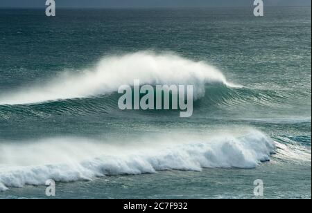 Starker Wellengang, Wellen brechen sich am Meer, Sandfly Bay, Dunedin, Otago Region, Otago Peninsula, Southland, Neuseeland Stockfoto