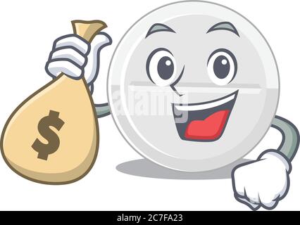 Verrückte reiche Cartoon-Bild von Tablette Droge mit Geldbeutel Stock Vektor
