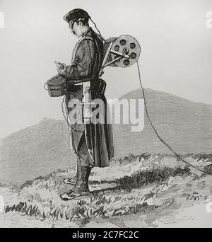 Historia de España. Siglo XIX. Ingeniero telegrafista recibiendo y transmitiendo despachos durante la marcha, en el ejército del Norte. Grabado. La Ilustración Española y Americana,1878. Stockfoto