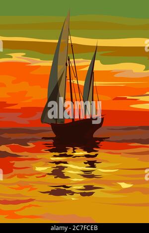 See, Bucht am Morgen. Versand. Ein Boot mit Segeln. Sonnenuntergang oder Sonnenaufgang. Nebel. Wasser, Spiegelung eines Segelbootes, Himmel. Meer, Meer oder Fluss. Wasserlandschaft. Stock Vektor