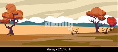 Natur, Landschaft. Vektor. Landschaft in Cartoon-flachen Comic-Stil. Herbstbäume, Horizont, Ferne, Felsen. Stock Vektor