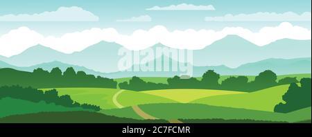 Berge am Horizont. Vektorgrafik. Die Straße, das Dorf. Ländliche Umgebung. Blauer Himmel mit weißen Wolken. Blick auf die Ebene. Stock Vektor