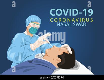 Ein Mann wird für einen Covid-19-Test abstricht. Um Corona-Virus-Tests zu beschleunigen, eine neue Art von Nasenabstrich. Info Grafik Vektor Illustration kreativ. Stock Vektor