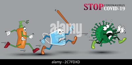 Vektor-Cartoon Figur Zeichnung konzeptionelle Illustration von Desinfektionsmittel und chirurgische Maske jagen laufende Coronavirus COVID-19 Virus mit Desinfektion oder d Stock Vektor