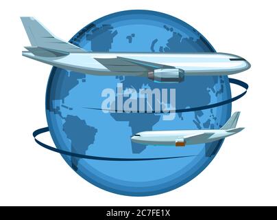 Internationaler Luftverkehr. Logo, Label, Marke. Frachtlieferung, Personenbeförderung. Reisen um die Welt. InterContinental-Flüge. Stock Vektor