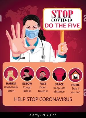 Ärztin hält Plakat mit Text Stop covid-19 und Prävention Infografik mit Symbolen, Gesundheits-und Medizin-Konzept. Stock Vektor