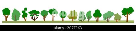 Bäume, Wald. Vektor. Horizontales Hintergrundbild. Landschaft. Symbolische flache Bild von Bäumen im Cartoon-Stil. Satz von Laubbäumen. Isoliert Stock Vektor