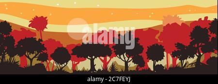 Twilight Forest. Sträucher und junge Bäume. Nacht Sommerwiese. Rasen. Frühlingsmorgen. Gelber, goldener Himmel. Mattierung des Nebels. Bewachsene Hügel. Horizont. Stock Vektor