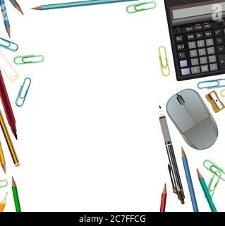 Office-Desktop-Computer. Hintergrundvektor für Tischansicht. Verbrauchsmaterialien. Arbeitsplatzdesigner. Schreibtisch, Arbeitsbereich. Arbeitsplatz und Schreibwaren. Stock Vektor