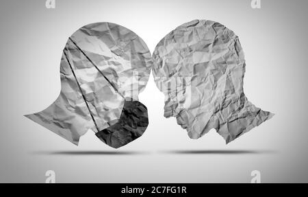 Maskierung Kriegsdebatte und chirurgische Masken Mandat Konflikt als zwei Seiten eine trägt eine Gesichtsbedeckung und eine andere Person weigert sich, Virusschutz zu tragen. Stockfoto