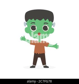 Niedliche Frankenstein Green Boy Halloween Kostüm Cartoon Vektor Illustration Stock Vektor