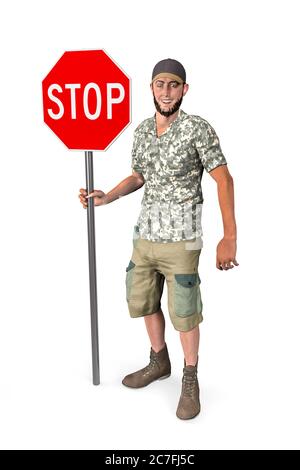 Ein Mann steht mit einem Stoppschild in der Hand lächelnd und schaut direkt auf die Kamera - isoliert auf weißem Hintergrund - 3d Illustration Stockfoto