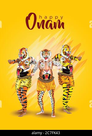 Puli Kali, Tiger Tanz für Onam Feier mit Vektor-Illustration von Happy Onam Hintergrund für Festival von Südindien Kerala Stock Vektor