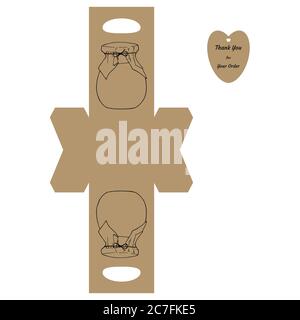 Einfache Verpackung Box die Cut Cube Vorlage mit Glas und Tag mit Text "Vielen Dank für Ihre Bestellung" auf weißem Hintergrund - Vektor-Zeichnung Grafik-Design. Stock Vektor