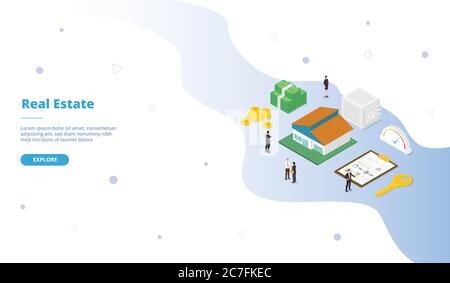Immobilien Menschen stehen vor Haus Gebäude Kampagne für Web-Website Home Homepage Landung Vorlage Banner mit isometrischen Cartoon-Stil. Stock Vektor
