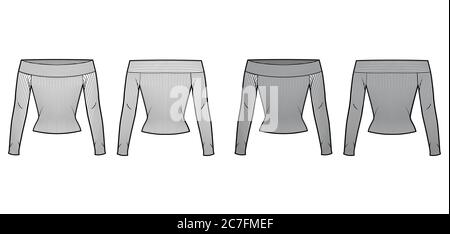 Schulterabgesetzten Rippstrick-Top technische Mode-Illustration mit langen Ärmeln, eng anliegende Form. Flache Bekleidungsvorlage vorne, hinten, weiß und grau. Frauen, Männer, Unisex CAD Mockup Stock Vektor