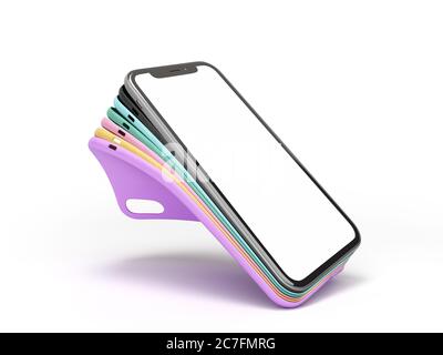 Mehrfarbige Band Handy Hüllen Präsentation für Schaufenster 3d-Rendering auf whire Hintergrund Stockfoto