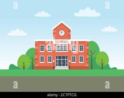 Schulgebäude mit Landschaft. Vektorgrafik in flacher Form Stock Vektor